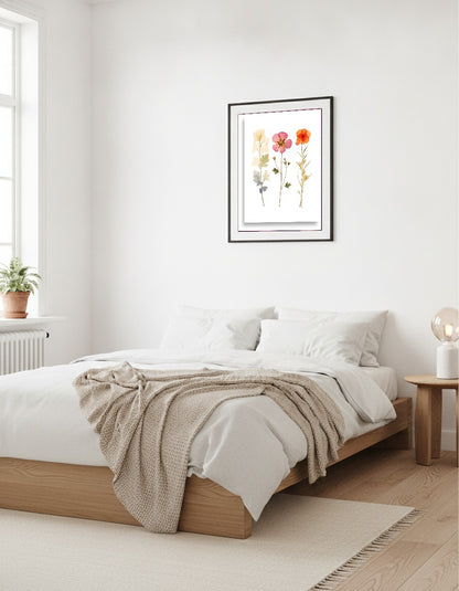 Pressade blommor – Vit, rosa och orange trio i sovrummet