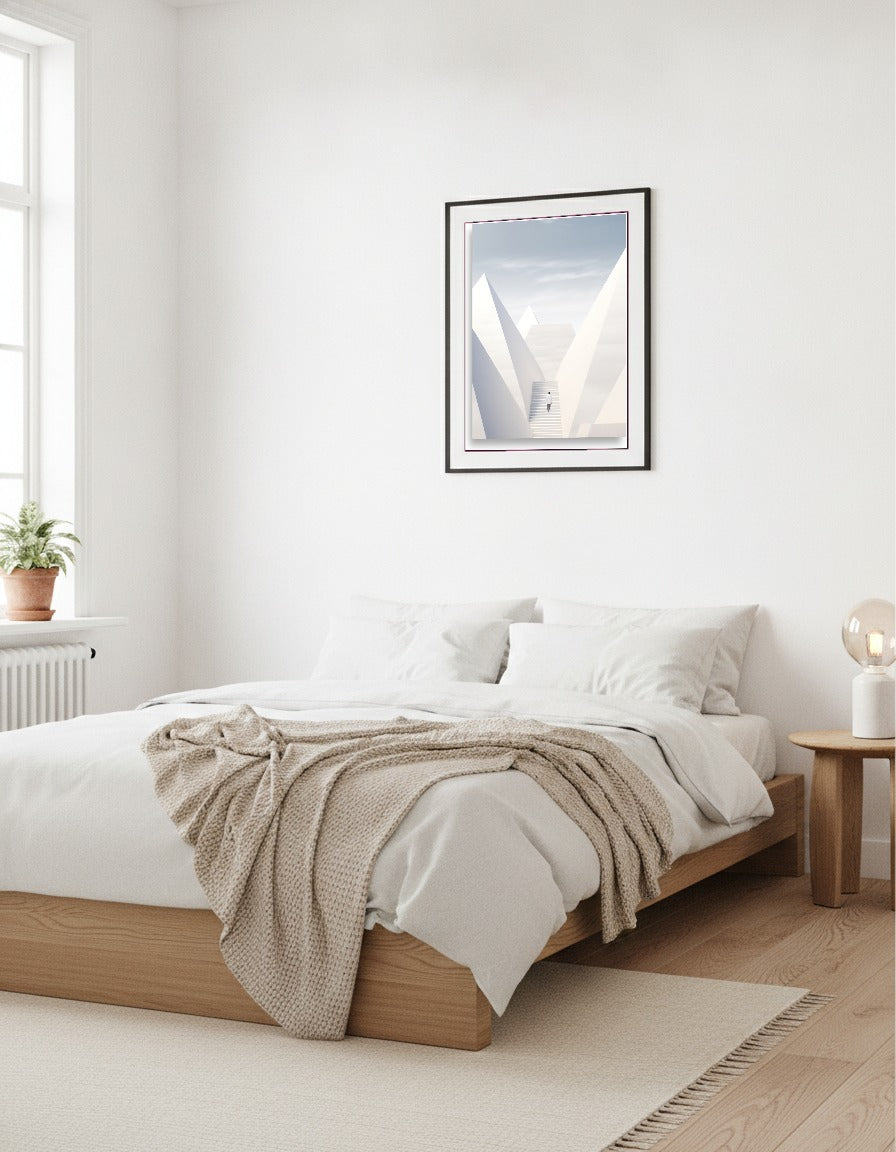 Pyramider minimalistiskt – Vita pyramider med trappor i sovrummet