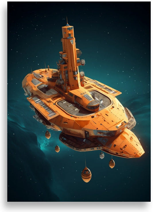 Rymdskepp på resa – Orange rymdstation – poster