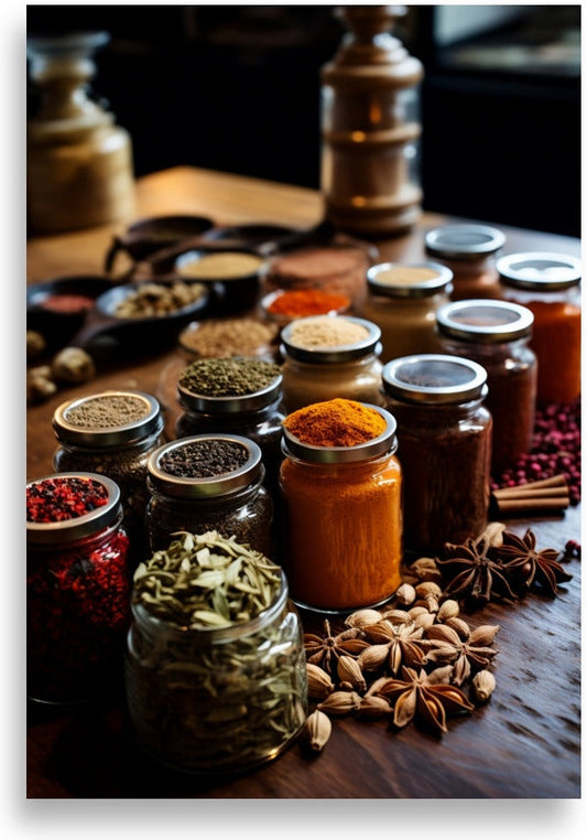 Table full of spices – Spice jars on table