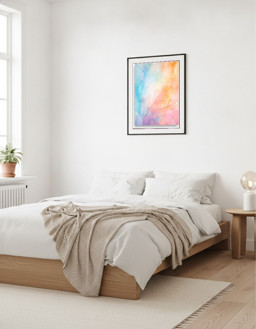 Akvarellpenseldrag – Orange, persika, lila, blått i sovrummet