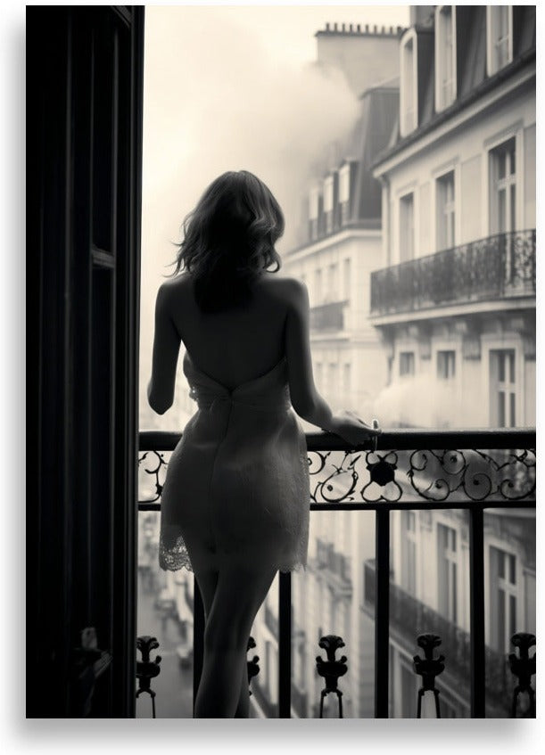 Kvinna på balkong i Paris – Kvinna sedd bakifrån – poster
