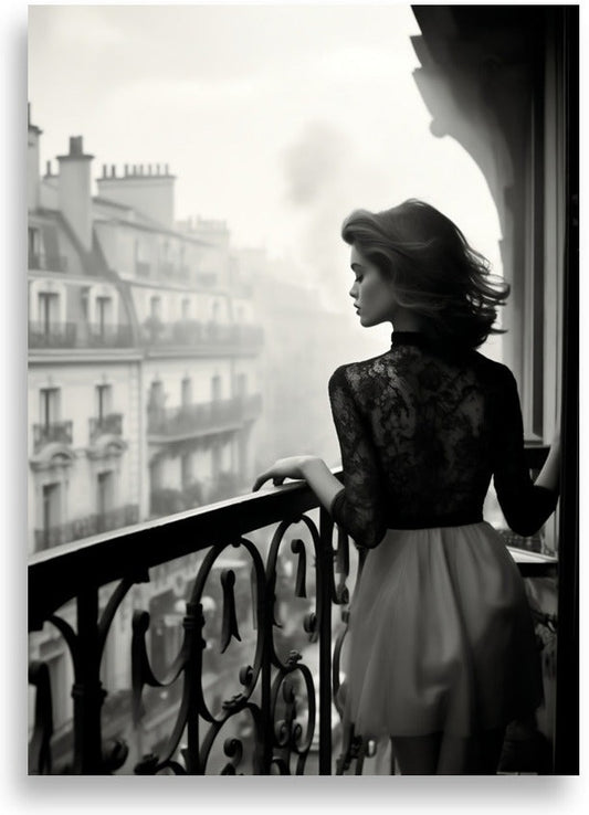 Woman on a balcony in Paris – Woman in black lace top – poster