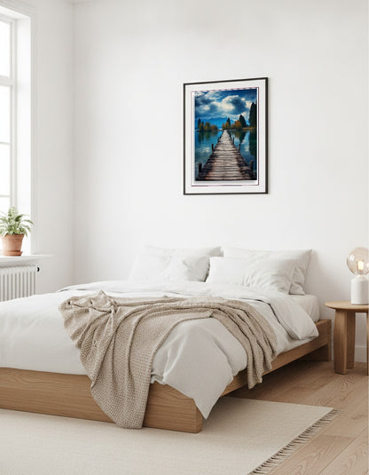 Träbrygga – Fotorealistiskt hav i vardagsrummet